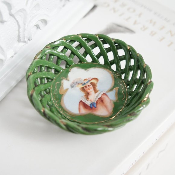 Small Antique Porcelain Basket Weave Portrait Jewelry Trinket Dish